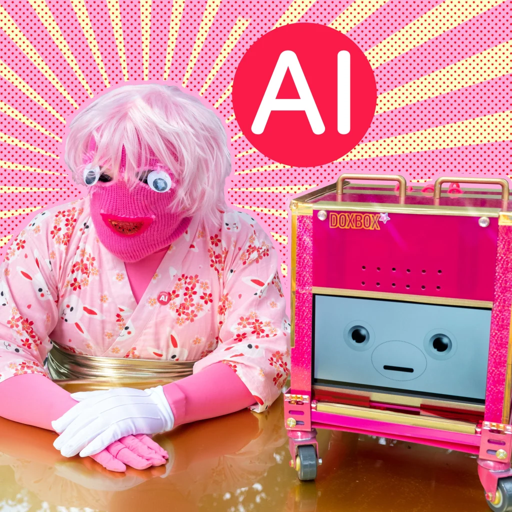 A person wearing a pink mask, with a pink wig, white googly eyes, wearing a pink kimono and one white glove. They are sitting at a gold desk. Beside them is DoxBox trustbot, an artificial intelligence who lives in a pink box and has an animated face. The letters AI are in a red circle above them both.
