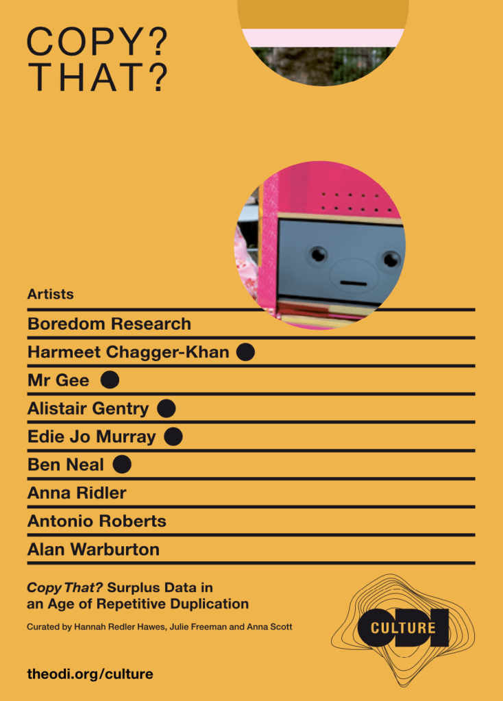 Gold cover of the exhibition catalogue for Copy That? The names of the artists are listed, and the face of DoxBox is peeping through a circular hole.