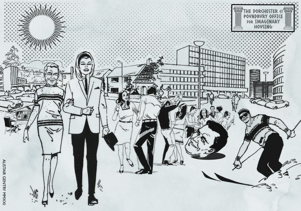 Artist's impression of the proposed Dorchester and Poundbury housing scheme, showing happy people, various buildings, drunken partying, a giant head and on-road skiing.
