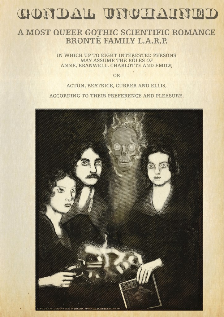From the frontispiece of an imaginary adventure novel: A drawing of the Brontë siblings Emily, Charlotte, Branwell and Anne but Emily is holding a smoking pistol, Charlotte has a moustache, Branwell is almost completely transparent so his skull is visible through his skin, and Anne is holding a record sleeve of Wuthering Heights by Kate Bush. There is a glowing meteorite on the table in front of them.