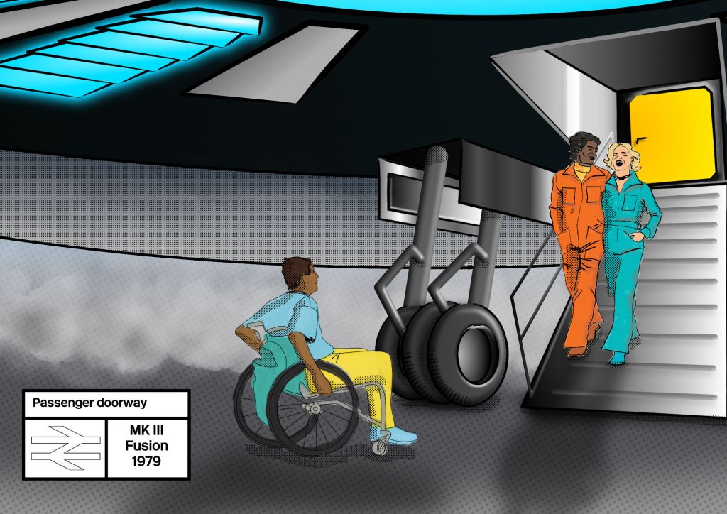 The underside of a flying saucer, with two people walking down a ramp from a yellow door while chatting and laughing, while a man in a wheelchair waits to board. The underside of the vehicle is silver and grey but the people are wearing brightly coloured clothes.