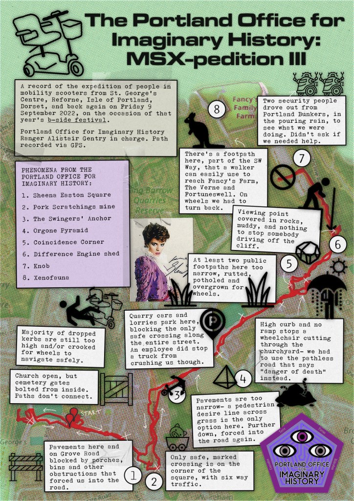 A map of part of the Isle of Portland, showing the route taken by people in mobility scooters and the barriers they faced on the way.