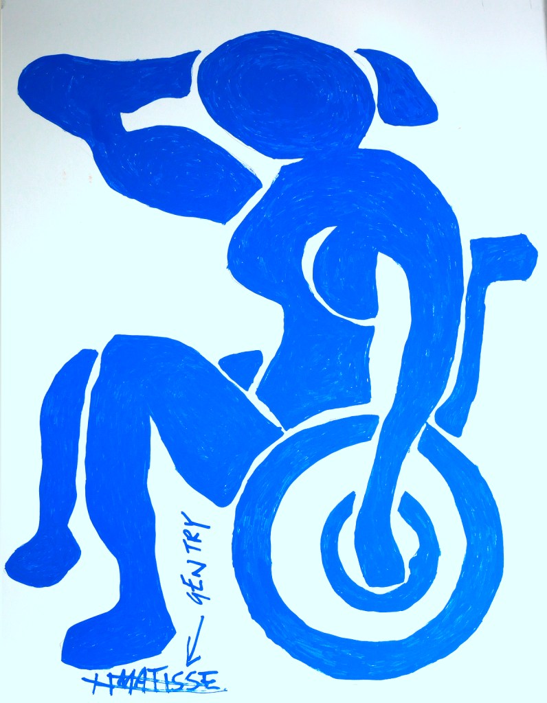A version of Matisse's Nu Bleu 2, which has been altered so that the blue woman is now sitting in a blue wheelchair against a white background.