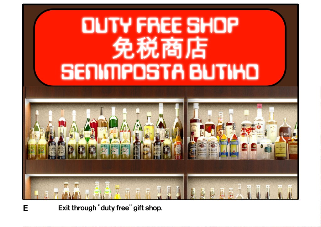 Storyboard image of various alcoholic beverages in a Duty Free shop with signs in the main languages of the international 19A0s.