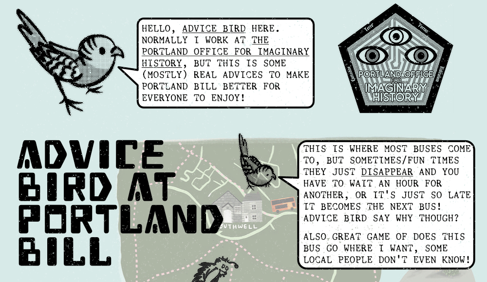 Advice Bird at Portland Bill, a map with annotations from a line drawing of a small bird.