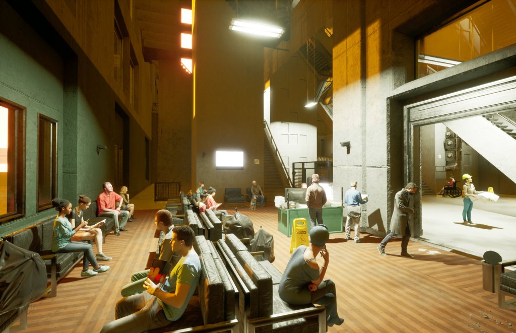 Computer rendering of people in a cavernous, Brutalist waiting room with overhead fluorescent lights.
