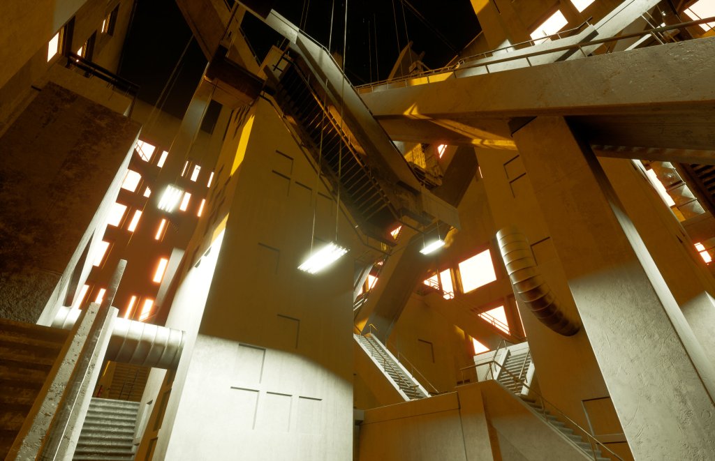 Computer rendering of a Brutalist concrete interior with surrealist proliferations of steep and dangerous staircases receding into the darkness.