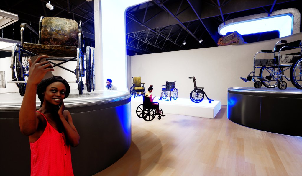 Museum with display of "horror" wheelchairs from video gaming object libraries. In the foreground, a woman takes a selfie with a grungy wheelchair.
