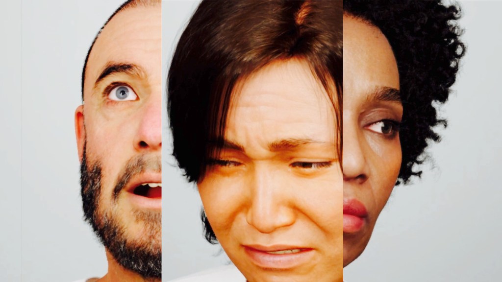 Montage of three computer generated faces against a white background: a white man looking amazed, an Asian woman crying, and a Black woman looking over to her left.