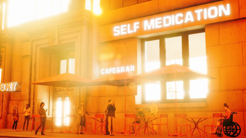 A street scene with orange urban lighting. People sitting at tables and chairs on the pavement in front of a converted old building that is now a cafe: SELF MEDICATION CAFE AND BAR.
