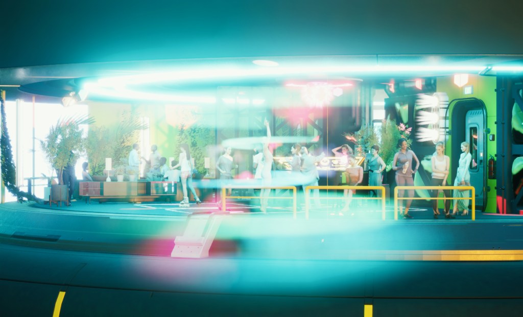 Cutaway view of a flying saucer with a dance floor and a lounge, various people standing, dancing or sitting.
