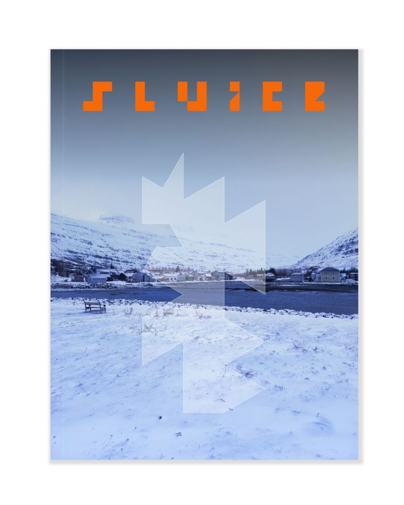 Cover of Spring/Summer 2025 issue of Sluice art magazine, showing the title in orange over a photograph of a snowy Nordic landscape with bench overlooking a lake. Beyond that are some buildings on the oppposite shore.