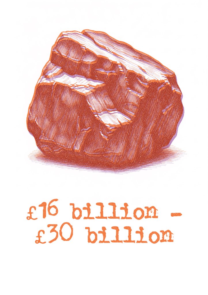 A drawing of a lump of coal with the caption "£16 billion-£30 billion."