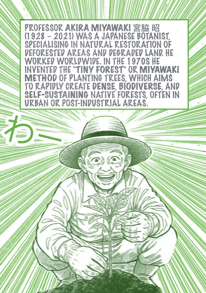 Green and grey Riso print of a manga-style Akira Miyawaki, the inventor of the Tiny Forest technique.