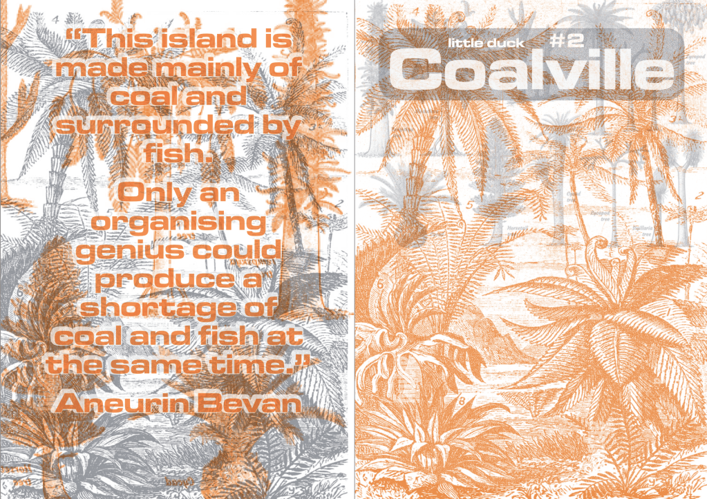 Orange and charcoal back and front cover spread of zine called Coalville, showing images of Carboniferous plants. Back cover quote from Aneurin Bevan: "This island is made mainly of coal and surrounded by fish. Only an organising genius could produce a shortage of coal and fish at the same time." 