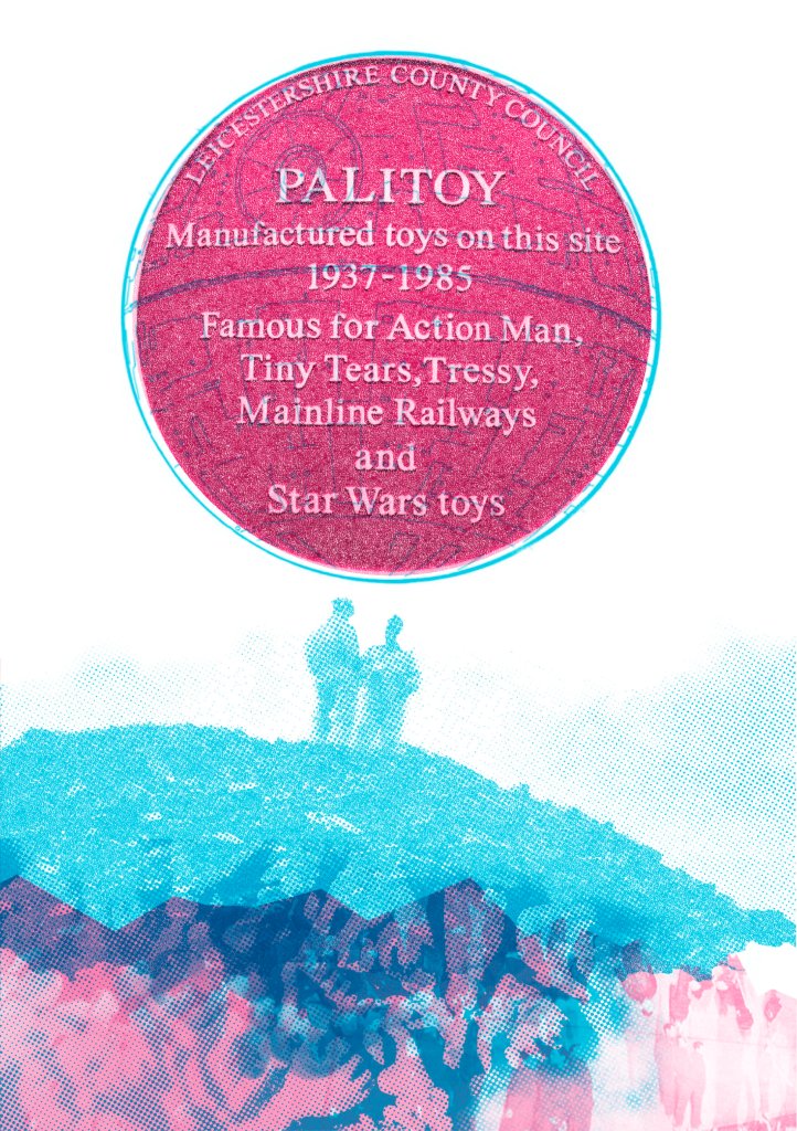 Pink and blue image of large plaque commemorating Palitoy factory, overlaid with the Death Star from Star Wars and hovering over a collage
 landfill full of toys.